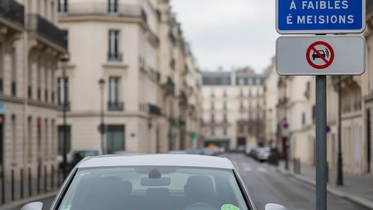 Panneau ZFE à l'entrée d'une ville française et vignette Crit'Air sur le pare-brise