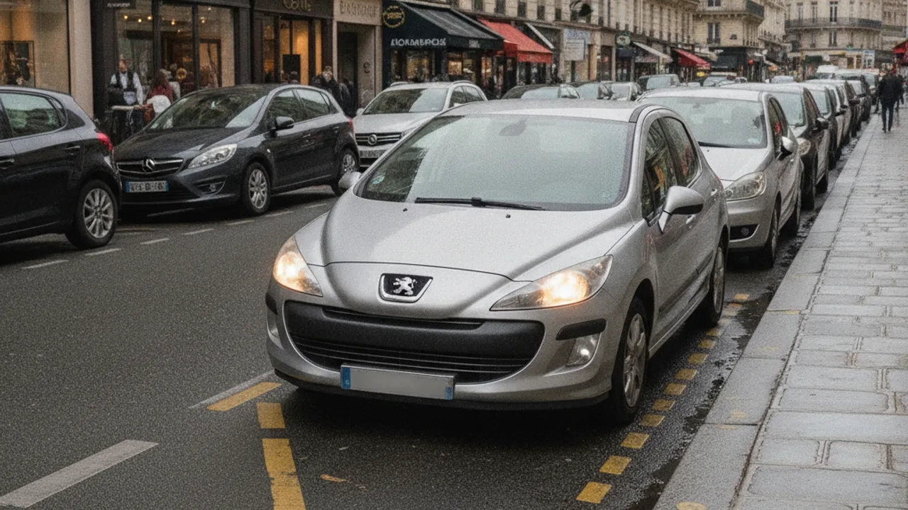 Voiture en double file dans une rue française