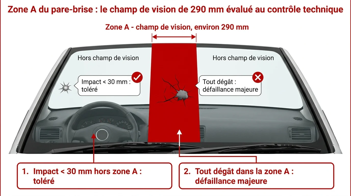 Zone A du pare-brise : le champ de vision de 290 mm évalué au contrôle technique
