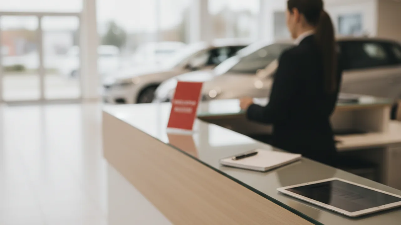 L'accueil d'une concession automobile, où le conseiller accompagne l'acheteur
